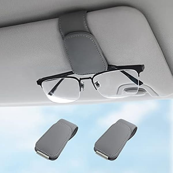 Sunglass Holder for Car Visor Sunglasses Clip Magnetic Leather Glasses Eyeglass Holder Interior Car Accessories for Woman Man - 2 Packs Gray