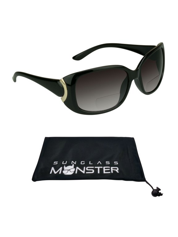 Women Bifocal Sunglass Reader Oversized Jackie O Black Gold Accent