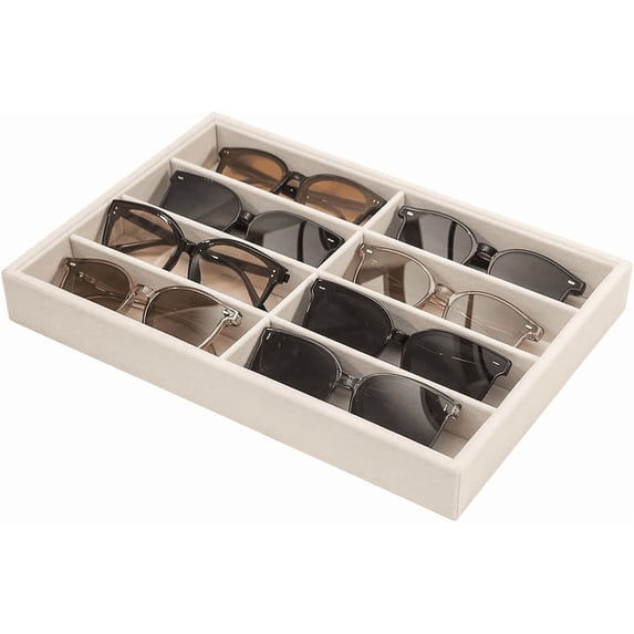 Sunglass Organizer, Beige Velvet Glasses Trays - Eyeglasses Watches Jewelry Display - Men Women (8 Grids)