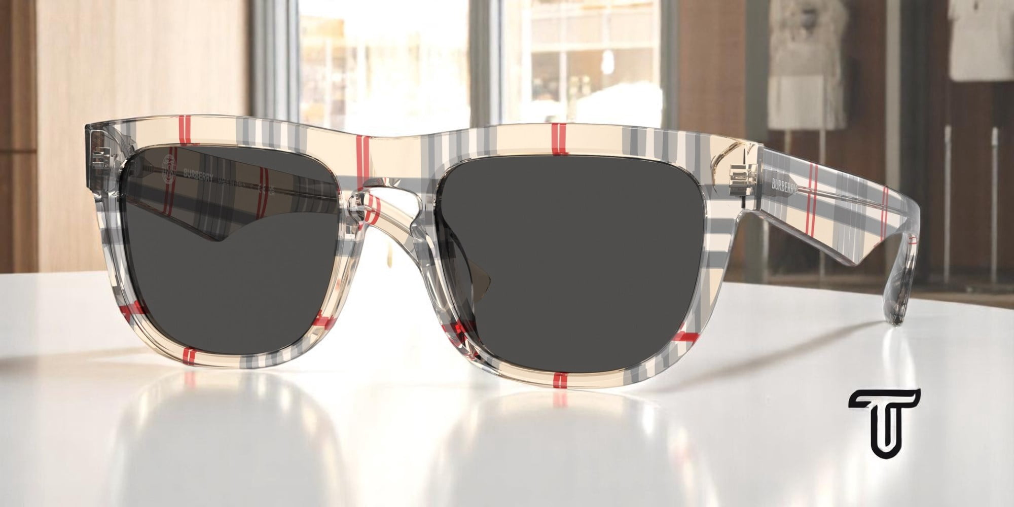 Burberry Unisex Check Square Sunglasses (B4431U) 56-20 145mm Check Square Sunglasses in Black/check | Burberry® Official main image 2