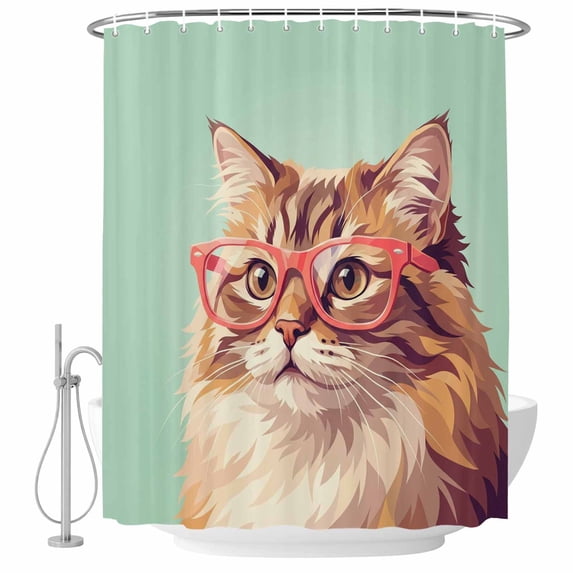 Sunglasses Cat Bathroom Shower Curtains with Hooks, Retro Funny Cat Green Background Waterproof Fabric Washable Shower Curtain for Home Hotel Bathtub Decor 72x72 Inch