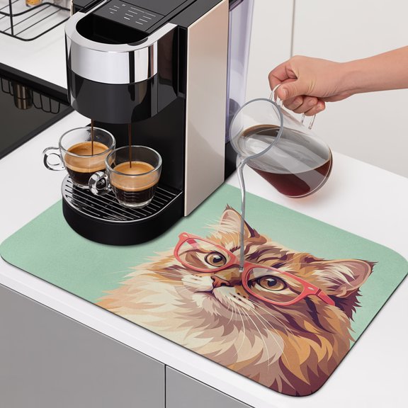 Sunglasses Cat Dish Drying Mats for Kitchen Counter, Retro Funny Cat Green Background Absorbent Coffee Bar Mat with Non-slip Rubber Backed Quick Drying Dish Rack Pad 12"x16"