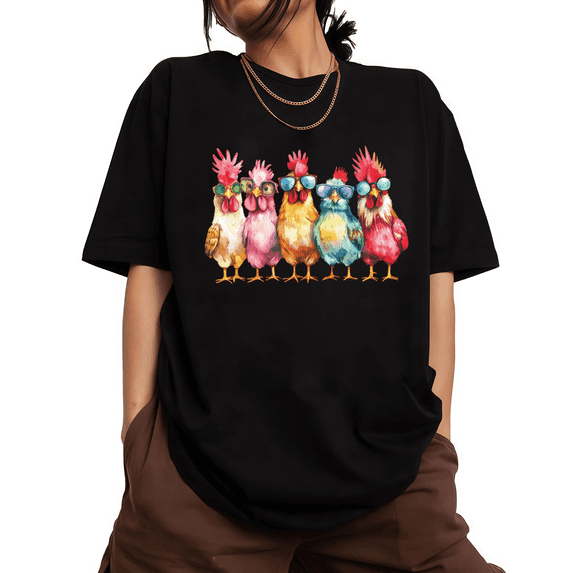 Sunglasses Chickens Watercolor Print Tshirt Black S-5XL Playful Graphic Tees Shirts Tops