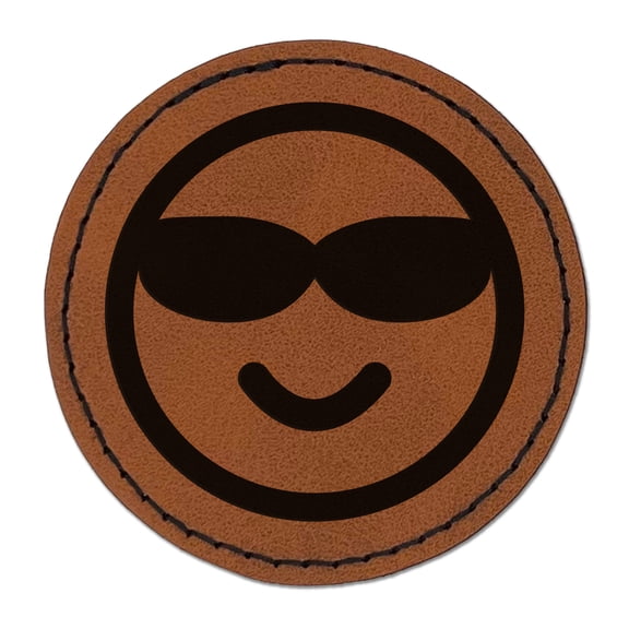 Sunglasses Cool Smile Happy Emoticon 2.5" Faux Leather Round Engraved Iron-On Patch - Brown