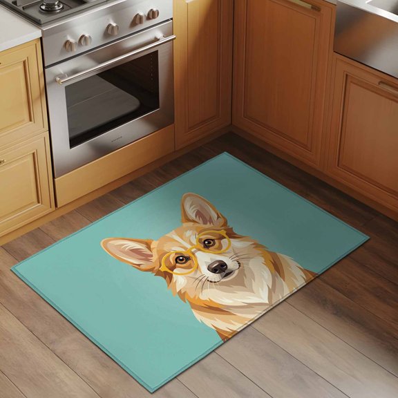 Sunglasses Corgi 2x3 Rug for Entryway Front Door Kitchen Sink Area, Retro Funny Corgi Green Background Low Pile Washable Non Slip Rectangle Area Rug
