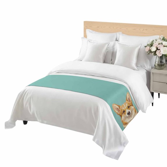 Sunglasses Corgi Bed Runner King Size Retro Funny Corgi Green Background Soft Bed Scarf for Foot of Bed, Decorative Bedding Scarf Protection for Hotel Home Bedroom 94 x 20 Inch