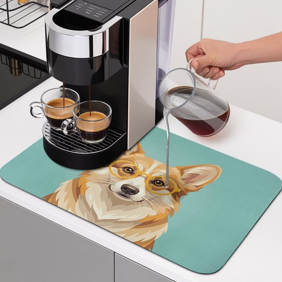 Sunglasses Corgi Dish Drying Mats for Kitchen Counter, Retro Funny Corgi Green Background Absorbent Coffee Bar Mat with Non-slip Rubber Backed Quick Drying Dish Rack Pad 12"x16"