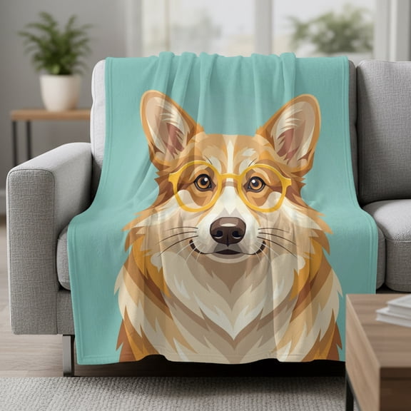 Sunglasses Corgi Fleece Throw Blanket Retro Funny Corgi Green Background Ultra Soft Fuzzy Cozy Flannel Throw Blanket for Couch Sofa Bed Car Travel, Ideal Gifts 50x60 Inches