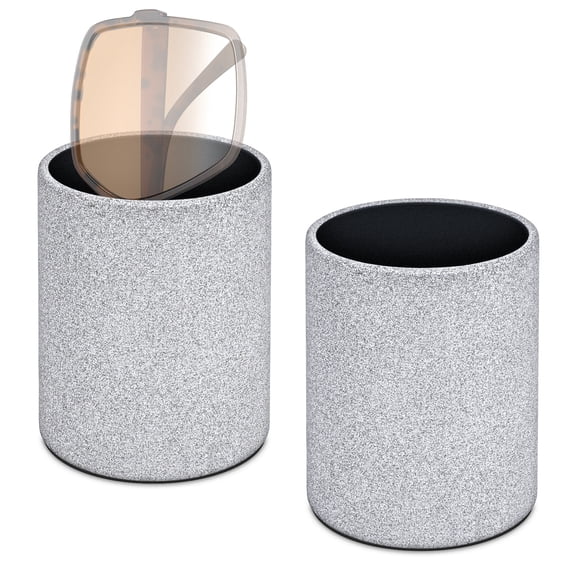 Sunglasses Desk Holder Stand Compatible with Extra Large Glasses, 2 Pack Silver Vegan Leather Eyeglasses Storage with Flock Lining, Sunwear Display Organizer