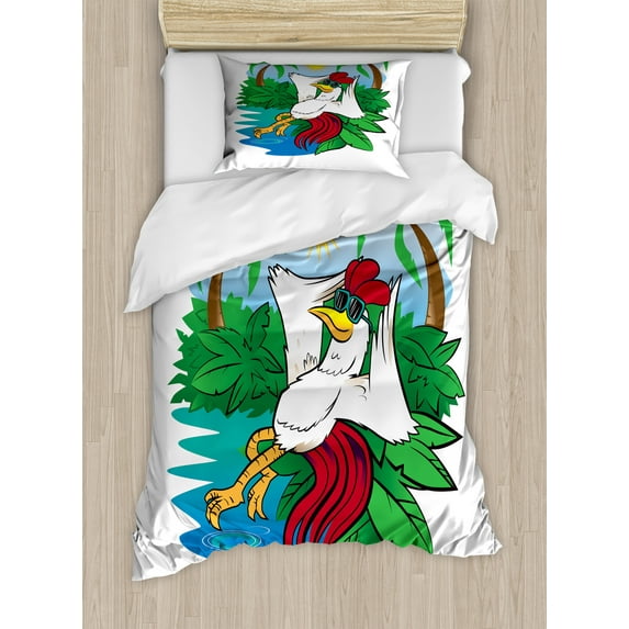 Sunglasses Duvet Cover Set, Tropical Layout of a Rooster in Paradise Exotic Island Vacation Scene, Decorative 2 Piece Bedding Set with 1 Pillow Shams, Twin Size, Fern Green Multicolor, by Ambesonne