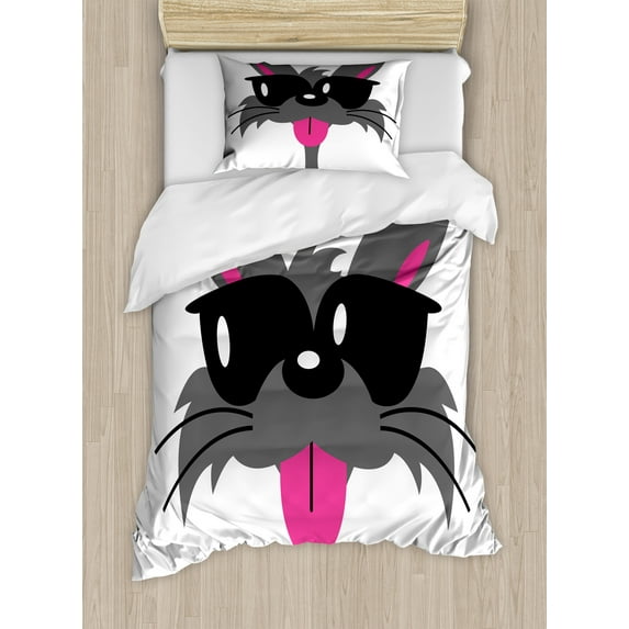Sunglasses Duvet Cover Sets, Portrait Design of a Single Cat His Tongue Out Long Whiskers, Bedding Set 2 Duvet Covers & 2 Pillowcases, 2 Pack Twin Size, Dark Grey White and Pink, by Ambesonne