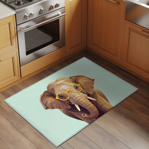 Sunglasses Elephant 2x3 Rug for Entryway Front Door Kitchen Sink Area, Retro Funny Elephant Green Background Low Pile Washable Non Slip Rectangle Area Rug