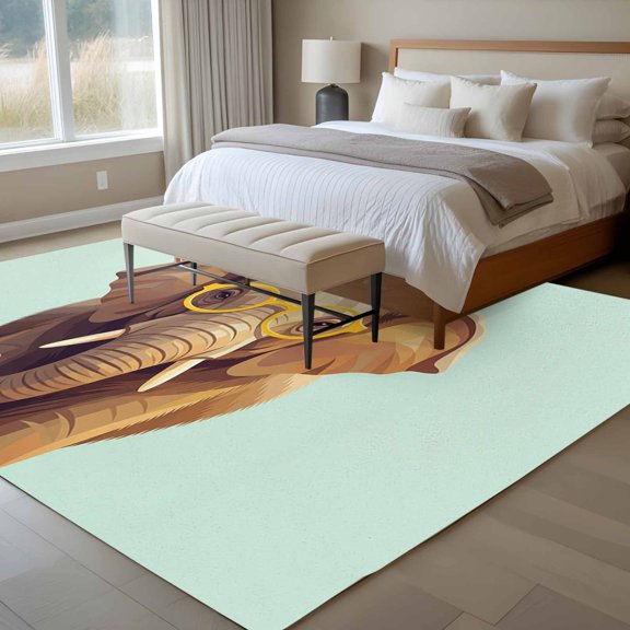 Sunglasses Elephant 6x9 Rug for Dining Room Table and Chair Setup, Retro Funny Elephant Green Background Low Pile Washable Non Slip Rectangle Area Rug