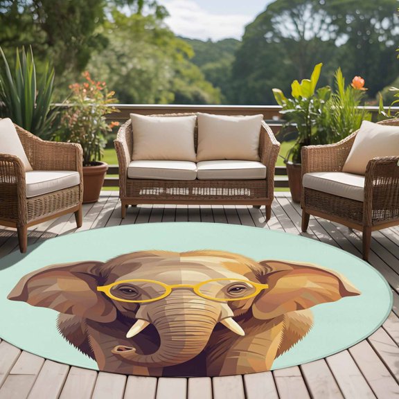 Sunglasses Elephant 8ft Round Rug for Open Concept Living Room Seating Zone, Retro Funny Elephant Green Background Washable Non Slip Large Circle Area Rug