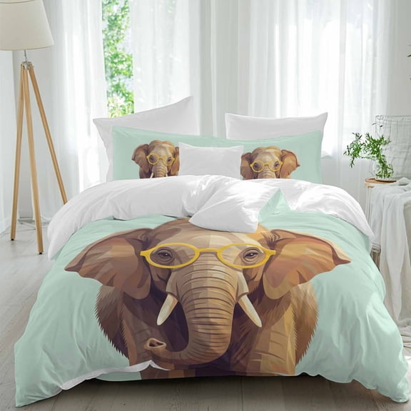 Sunglasses Elephant Queen Duvet Cover Set, Retro Funny Elephant Green Background 4 Piece Microfiber Bedding Set with Zipper Closure, Bed Sheet and 2 Pillow Shams, Soft Bedding Cover