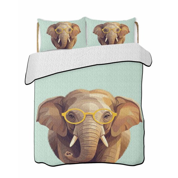 Sunglasses Elephant Quilts Bedding Set King Size Retro Funny Elephant Green Background Lightweight Quilted Bedspread 3 Piece Bed Quilt with 2 Pillow Shams All Season for Bedroom 90" x 96"
