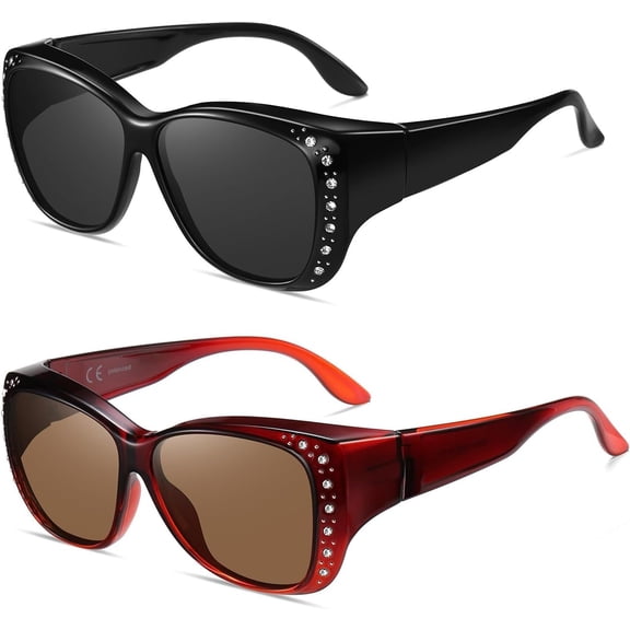 Sunglasses Fit Over Glasses for Women, Polarized Over Glasses UV 400 Protection Retro Frame with Rhinestone