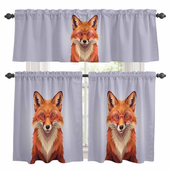 Sunglasses Fox Kitchen Curtains Valances and Tiers Set of 3 Retro Funny Fox Purple Background Tier Curtains and Valance with Rod Pocket for Small Windows, 27.5"x24"