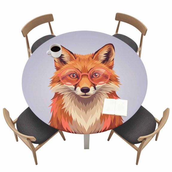 Sunglasses Fox Round Fitted Tablecloth with Elastic Edge Retro Funny Fox Purple Background Table Cover Fit for 45"-54" Tables Waterproof Tablecloths for Dinner Camping Picnic