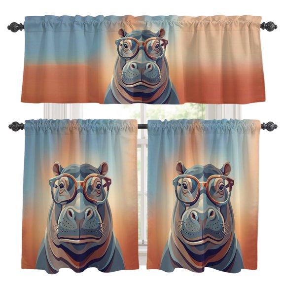 Sunglasses Hippo Kitchen Curtains Set for Windows, Vintage Funny Hippo Gradient Red Blue Texture Curtains Valance and Tier 3 Piece Set Small Drapes 36 Inch Length for Kitchen Bedroom Decor