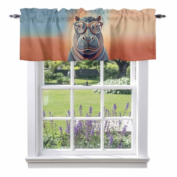 Sunglasses Hippo Valance Curtain Vintage Funny Hippo Gradient Red Blue Texture Window Valances Rod Pocket Short Curtains Window Treatments for Kitchen Bedroom Bathroom Laundry 56" x 16"