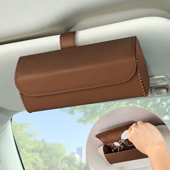 Sunglasses Holder for Car Sun Visor, Leather Car Visor Sunglass Holder, Universal Auto Eyeglasses Storage Clip Case Glasses Organizer Protective Box for Vehicle, Truck, SUV (Dark Brown)