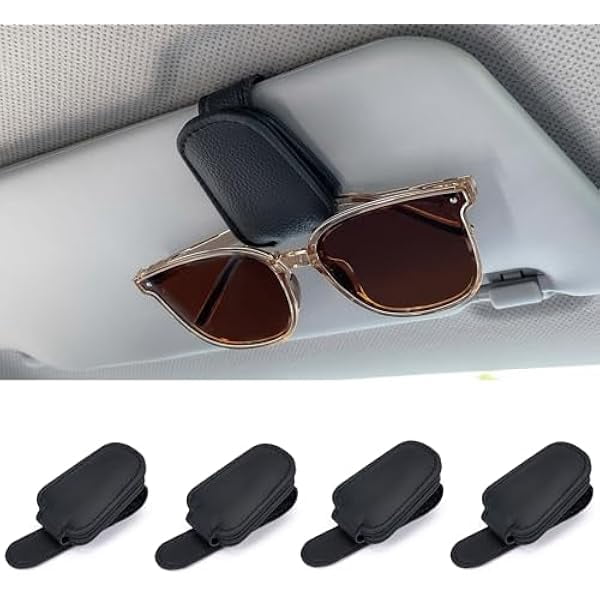 Sunglasses Holders for Car Sun Visor, Magnetic Leather Glasses Eyeglass Hanger Clip for Car, Visor Sunglasses Holder Clip Car Accessories for Truck (4pack Black)