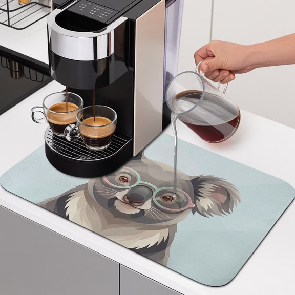 Sunglasses Koala Dish Drying Mats for Kitchen Counter, Retro Funny Koala Blue Background Absorbent Coffee Bar Mat with Non-slip Rubber Backed Quick Drying Dish Rack Pad 12"x16"