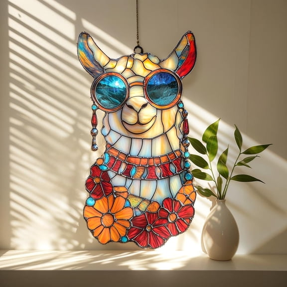 Sunglasses Llama Acrylic Suncatcher Ornament  Boho Faux Stained Glass Acrylic Window Hanging With Flowers, Fun Gift Decor