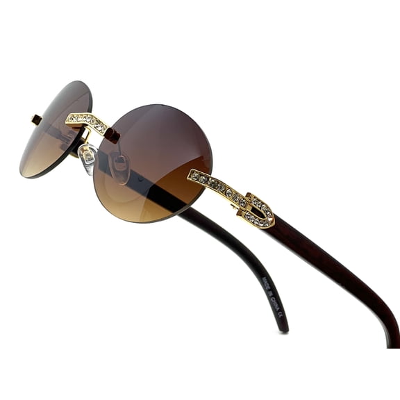Sunglasses Men Hip Hop Diamond Rimless Shades Brown Lens