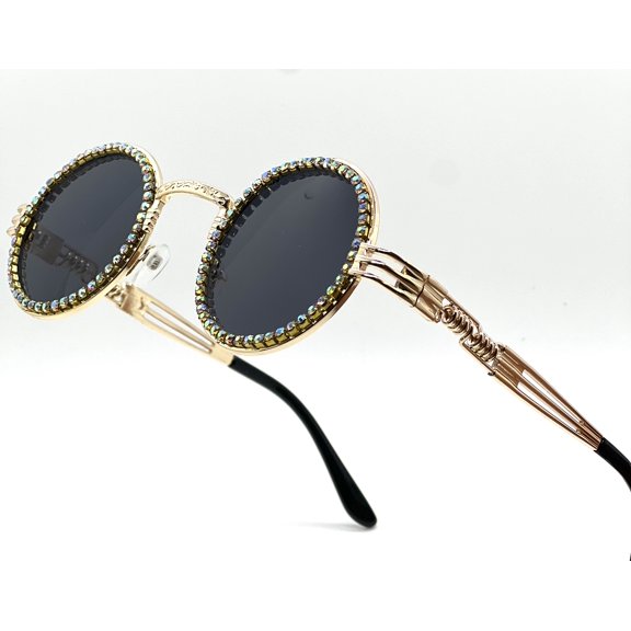 Sunglasses Men Hip Hop Shades Round Gold Metal Diamond Bling Black