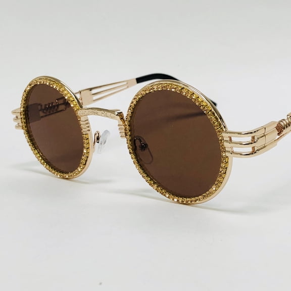 Sunglasses Men Hip Hop Shades Round Gold Metal Diamond Bling Brown