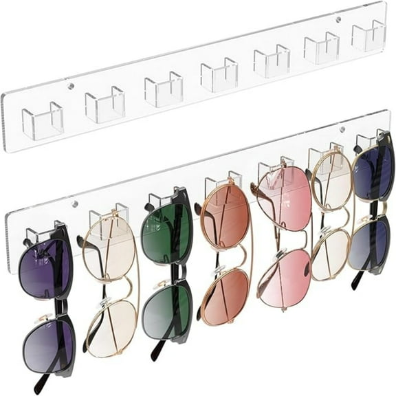 Sunglasses Organizer 2 Pack, Wall-Mounted Eyeglasses Holder, Clear Acrylic Display Rack with 14 Slots, Ideal for Home and Office Storage