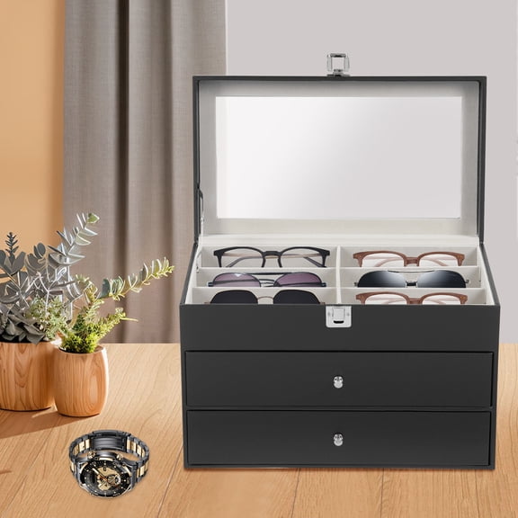 Sunglasses Organizer Case Box for Women Man,Multiple Sunglass Eyeglass Eyewear Storage Display Holderwith Drawer Glass Lid