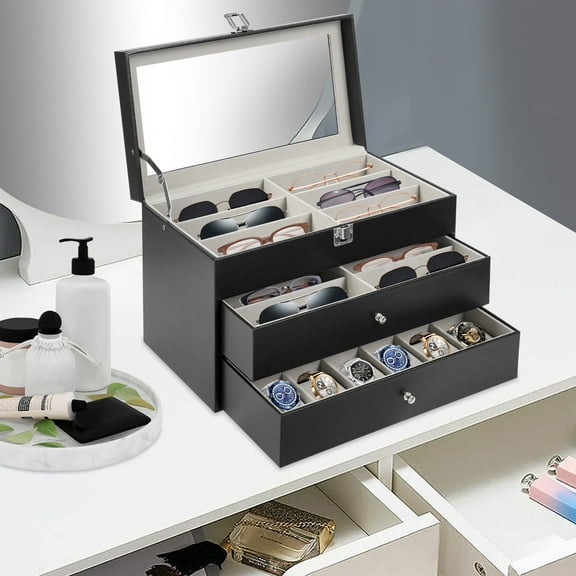 Sunglasses Organizer Case Box for Women Man - Multiple Sunglass Eyeglass Eyewear Storage Display Holderwith Drawer Glass Lid