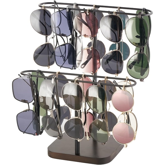 Sunglasses Organizer Glasses Holder Stand for 24 Pairs of Eyewear, 2 Tier Sunglass Storage Eyeglasses Display Rack Metal Frame with Wood Base for Table Desk Countertop Dresser Bedroom, Black