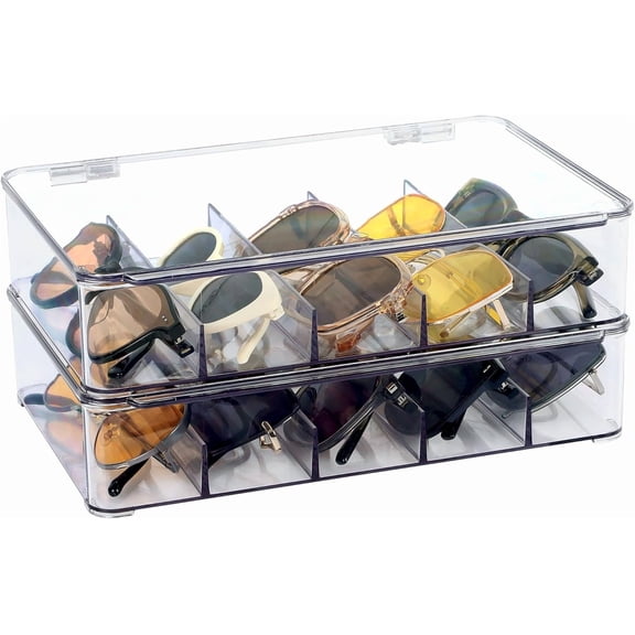 Sunglasses Organizer, Plastic Stackable Eyeglass Case Storage Organizer, Sunglass Glasses Storage Box with Hinged Lid
