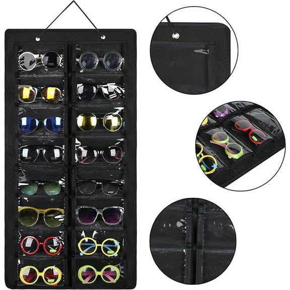 Sunglasses Organizer Storage Hanging Proof Wall Pocket Glasses Organizer-16 Slots Sunglass Organizer Holder With Metal Hook(One Size,Black)