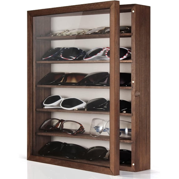 Sunglasses Organizer Storage Wall Mounted: 13 x 15.6 inches Eyewear Display Case Rustic Wood Eyeglasses Holder Large Glasses Storage Box, Brown