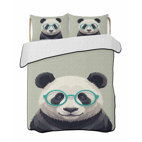 Sunglasses Panda Quilts Bedding Set Twin Size Retro Funny Panda Sage Green Background Lightweight Quilted Bedspread 3 Piece Bed Quilt with 2 Pillow Shams All Season for Bedroom 68" x 86"
