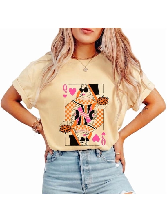 Sunglasses Q Card Queen Sassy Y2K Women's Print T-Shirt Crew Neck Short Sleeve urban wear Top