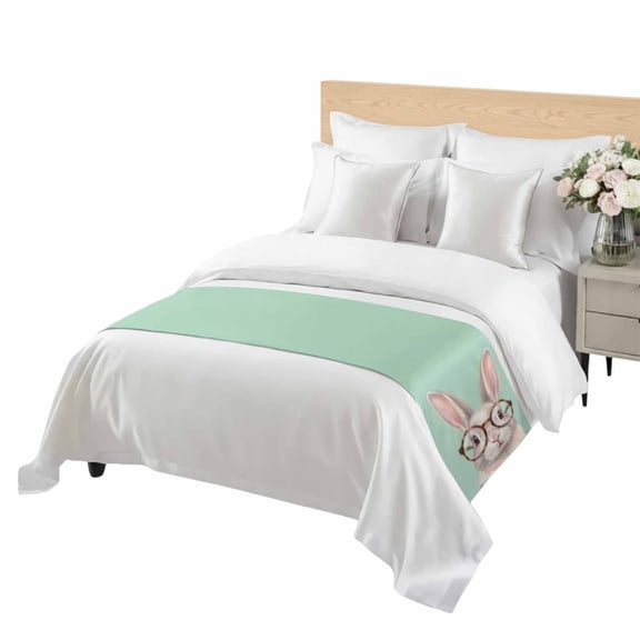 Sunglasses Rabbit Bed Runner Queen Size Retro Funny Rabbit Mint Green Background Soft Bed Scarf for Foot of Bed, Decorative Bedding Scarf Protection for Hotel Home Bedroom 83 x 20 Inch