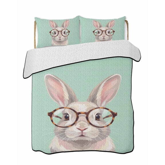 Sunglasses Rabbit Quilts Bedding Set Twin Size Retro Funny Rabbit Mint Green Background Lightweight Quilted Bedspread 3 Piece Bed Quilt with 2 Pillow Shams All Season for Bedroom 68" x 86"