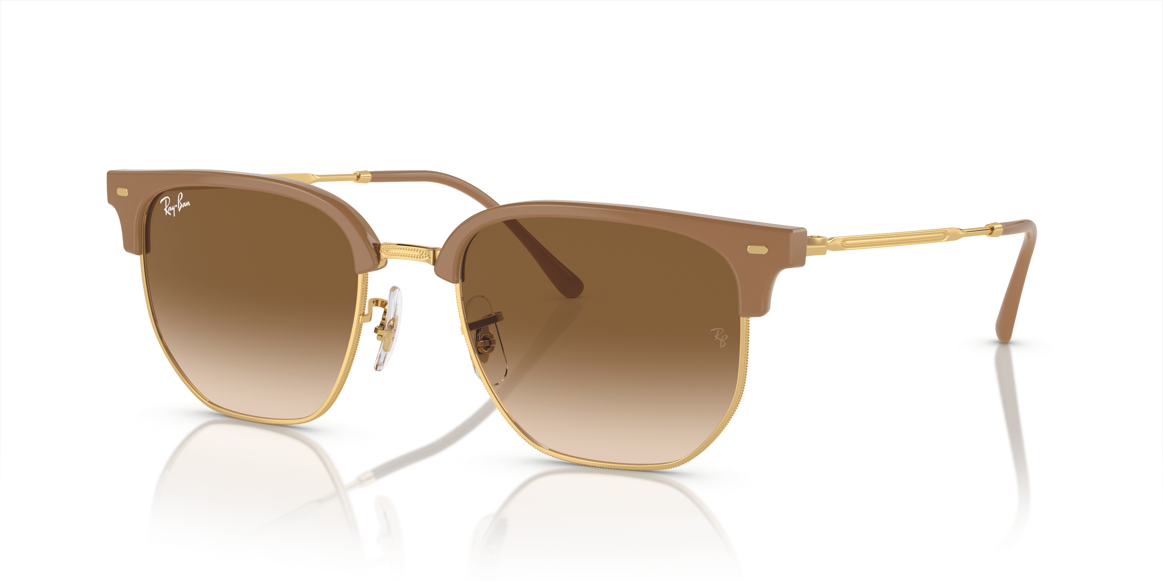 Ray-Ban New Clubmaster Sunglasses, Polished Beige on Gold with Light Brown Eye Glasses, Size 53