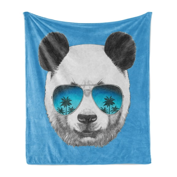 Sunglasses Soft Flannel Fleece Blanket, Sketchy Graphic Image of a Single Panda Face Tropical Vacation Vibes, Cozy Plush for Indoor and Outdoor Use, 50" x 70", Blue Dark Grey Pearl, by Ambesonne