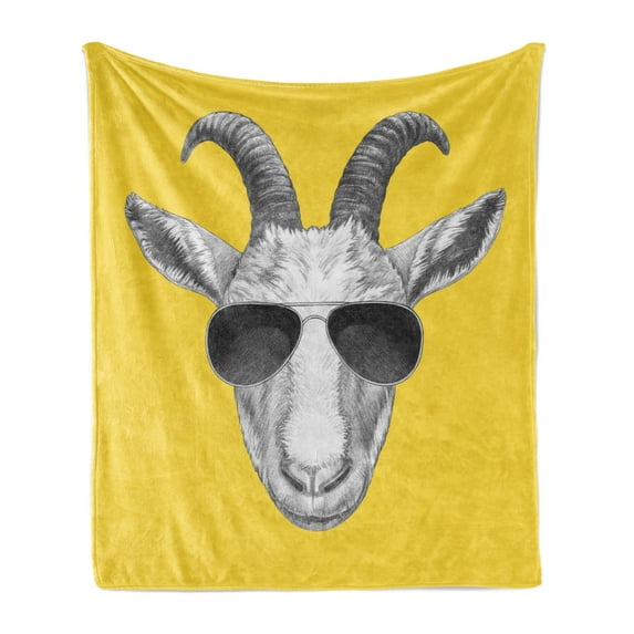 Sunglasses Soft Flannel Fleece Throw Blanket, Hand Drawn Sketchy Portrait of a Goat in Greyscale Drawing, Cozy Plush for Indoor and Outdoor Use, 50" x 60", Mustard Dark Grey, by Ambesonne