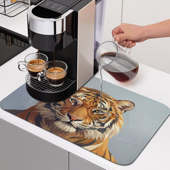 Sunglasses Tiger Dish Drying Mats for Kitchen Counter, Retro Funny Tiger Grey Background Absorbent Coffee Bar Mat with Non-slip Rubber Backed Quick Drying Dish Rack Pad 12"x16"