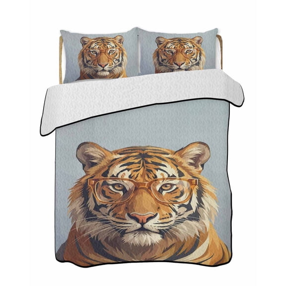 Sunglasses Tiger Quilts Bedding Set Queen Size Retro Funny Tiger Grey Background Lightweight Quilted Bedspread 3 Piece Bed Quilt with 2 Pillow Shams All Season for Bedroom 78" x 90"