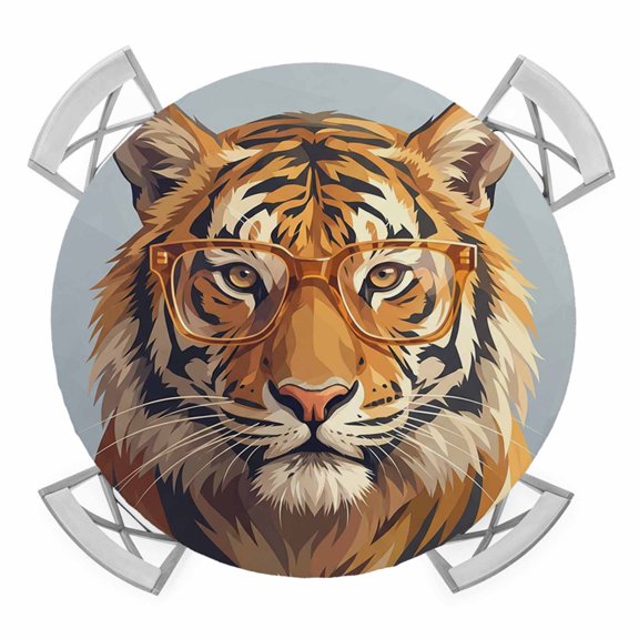 Sunglasses Tiger Round Table Cover, Retro Funny Tiger Grey Background Waterproof Fitted Tablecloths for 45"-54" Tables, Washable Picnic Table Cover for Camping Dining Indoor Outdoor
