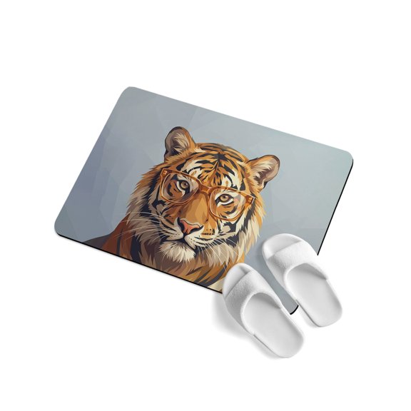 Sunglasses Tiger Soft Diatomaceous Earth Mat, Retro Funny Tiger Grey Background Absorbent Bath Mat Non Slip Rubber Backed Quick Dry Doormat Fit Under Door for Bathroom Kitchen 24"x36"